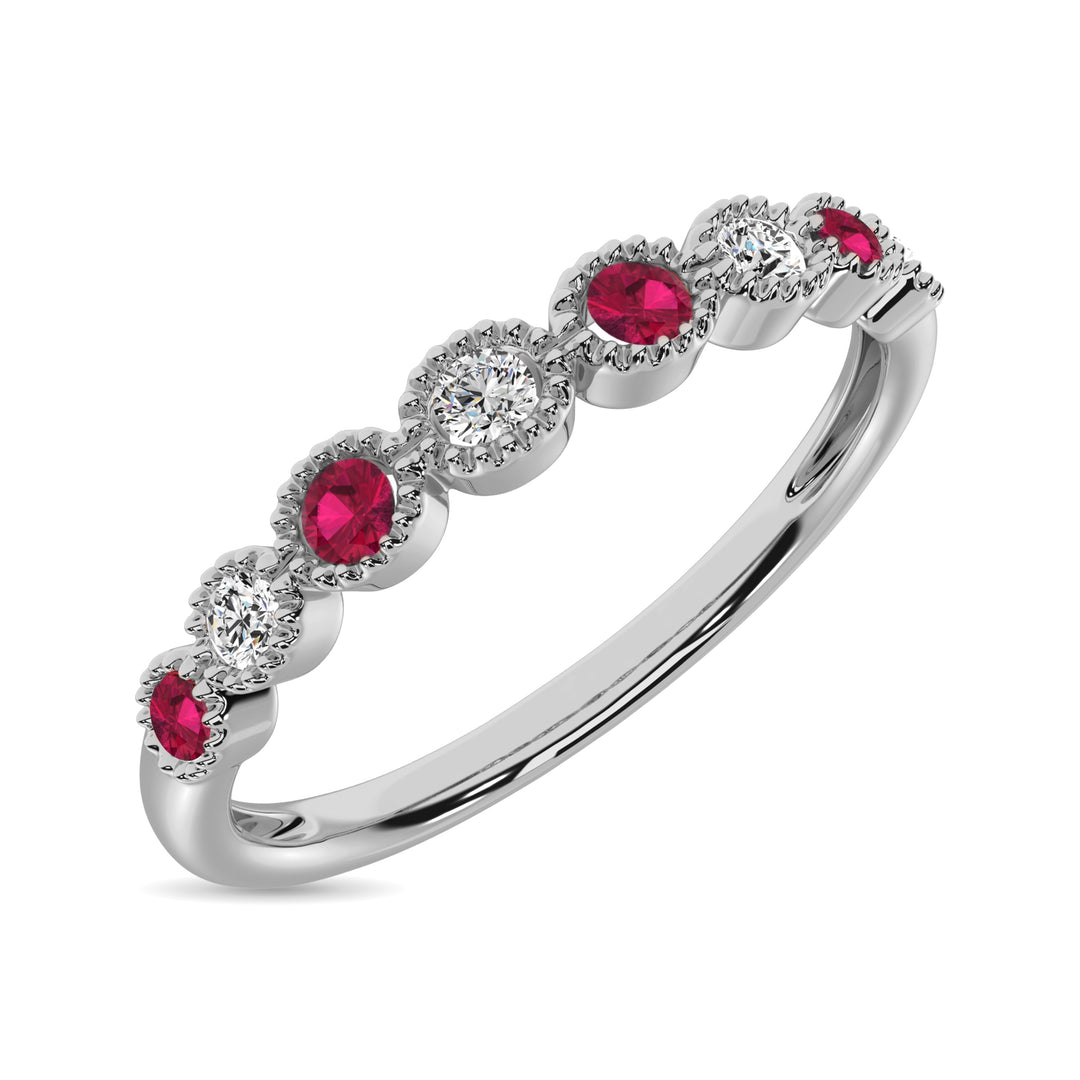 Diamond 1/6 Ct.Tw. And Alternate Ruby Stack Band in 10K White Gold ( 4 Diamond and 4 Ruby )