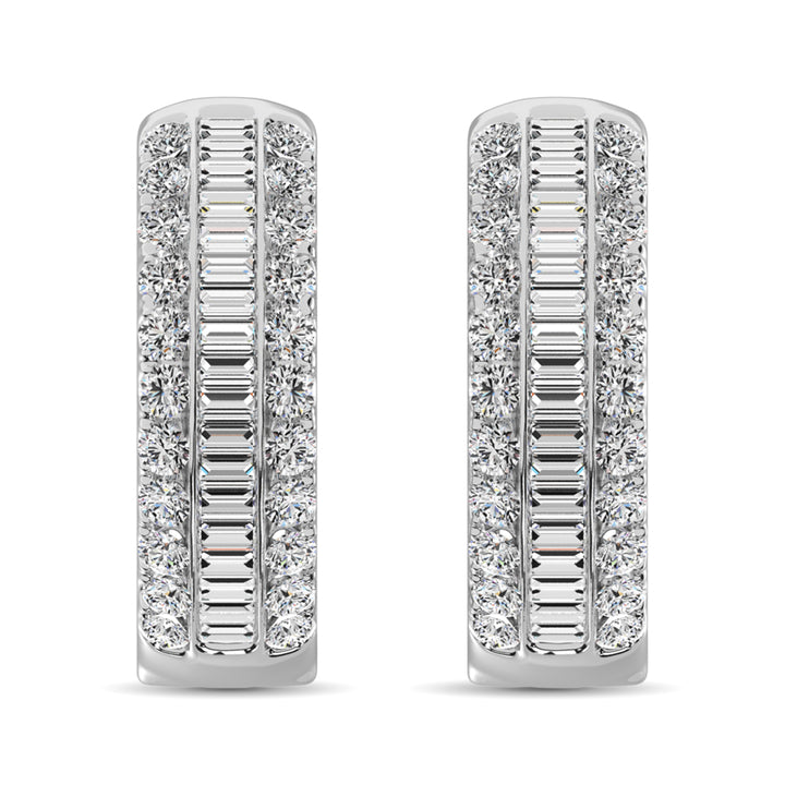 14K White Gold Round and Baguette Diamond 1/2 Ct.Tw. Hoop Earrings