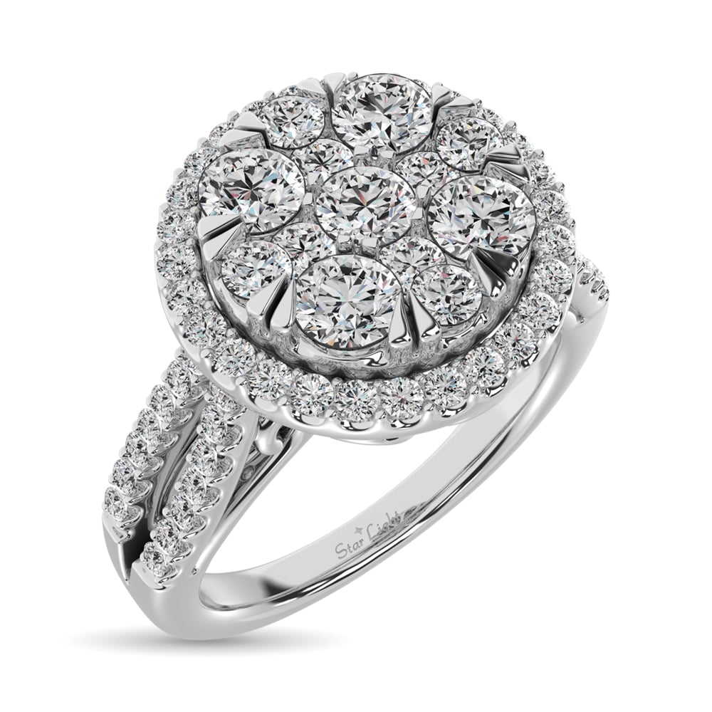 Diamond Two Row Shank Halo Engagement Ring 1 1/2 Ct.tw in 14K White Gold