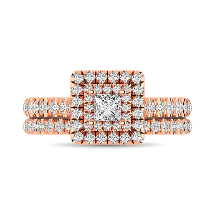 Diamond Classic Shank Double Halo Bridal Ring 1 Ct.tw Princess Cut in 14K Rose Gold