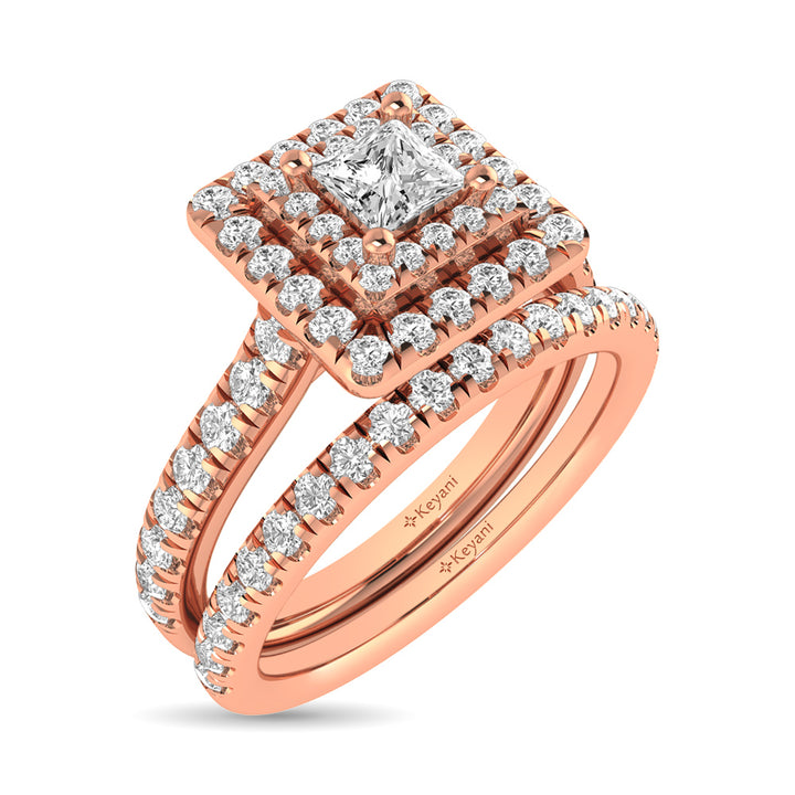 Diamond Classic Shank Double Halo Bridal Ring 1 Ct.tw Princess Cut in 14K Rose Gold