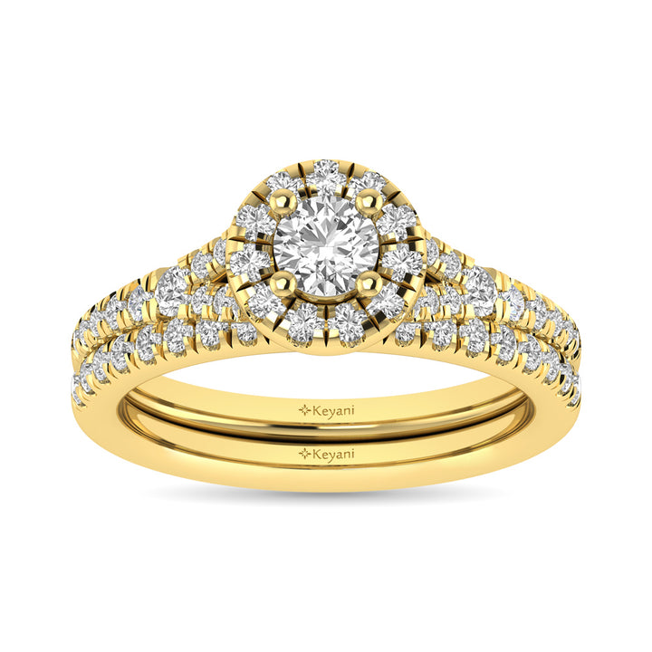 Diamond  Split Shank Single Halo Bridal Ring 1 Ct.tw Round Cut in 14K Yellow Gold