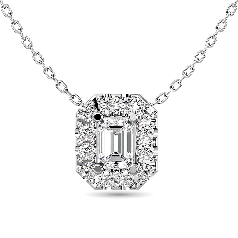 Diamond Emerald Cut Single Halo Pendant 1/4 Ct.tw in 14K White Gold