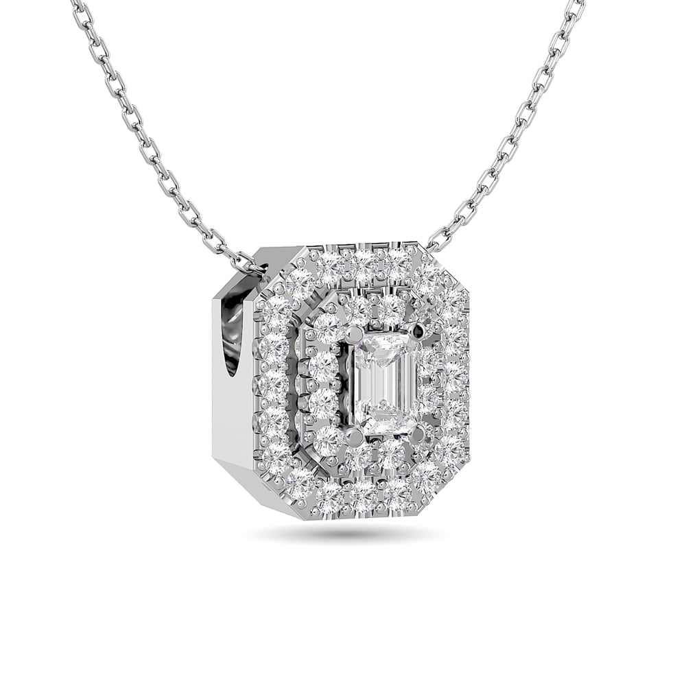 Diamond Emerald Cut Double Halo Pendant 3/8 Ct.tw in 14K White Gold