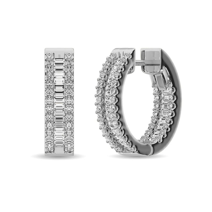 Diamond 1 7/8 Ct.Tw. Round and Baguette Hoop Earrings in 14K White Gold