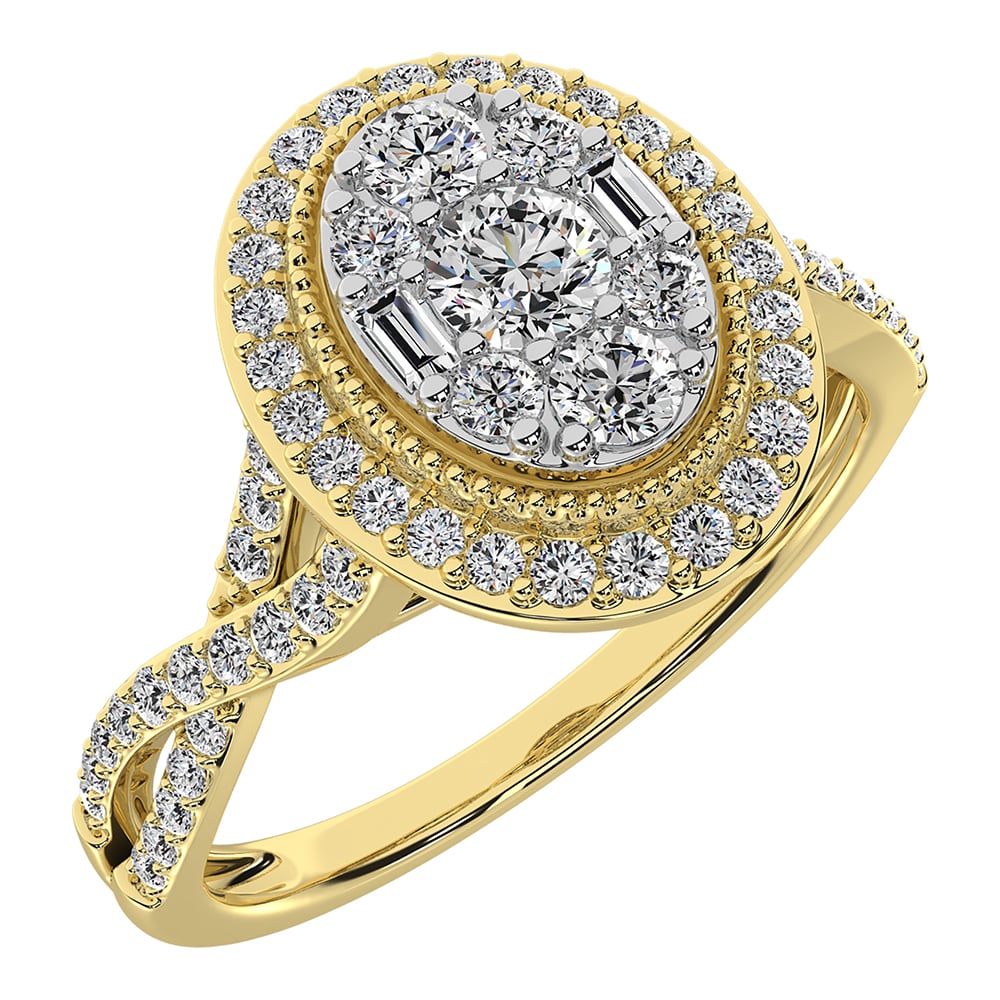 14K Yellow Gold 1/2 Ct.Tw. Diamond Round and Baguette Oval Shape Engagement Ring