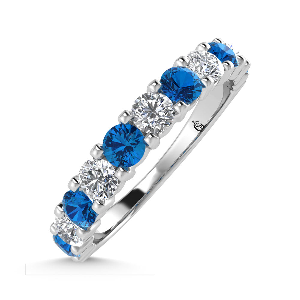 14K White Gold Machine Set Alternate Blue Sapphire and Diamond 1/2 Ct.Tw. Band