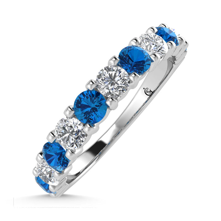 14K White Gold Machine Set Alternate Blue Sapphire and Diamond 3/4 Ct.Tw. Band