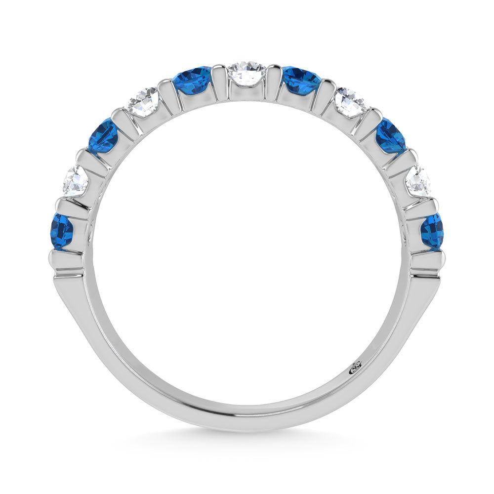 14K White Gold Machine Set Alternate Blue Sapphire and Diamond 3/4 Ct.Tw. Band
