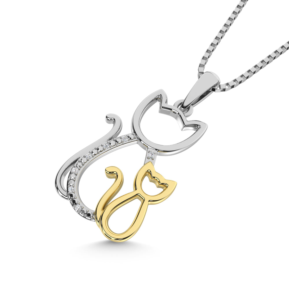 Diamond Accent Cat and Kitten Pendant in Sterling Silver and 10K Yellow Gold 1/50 cts