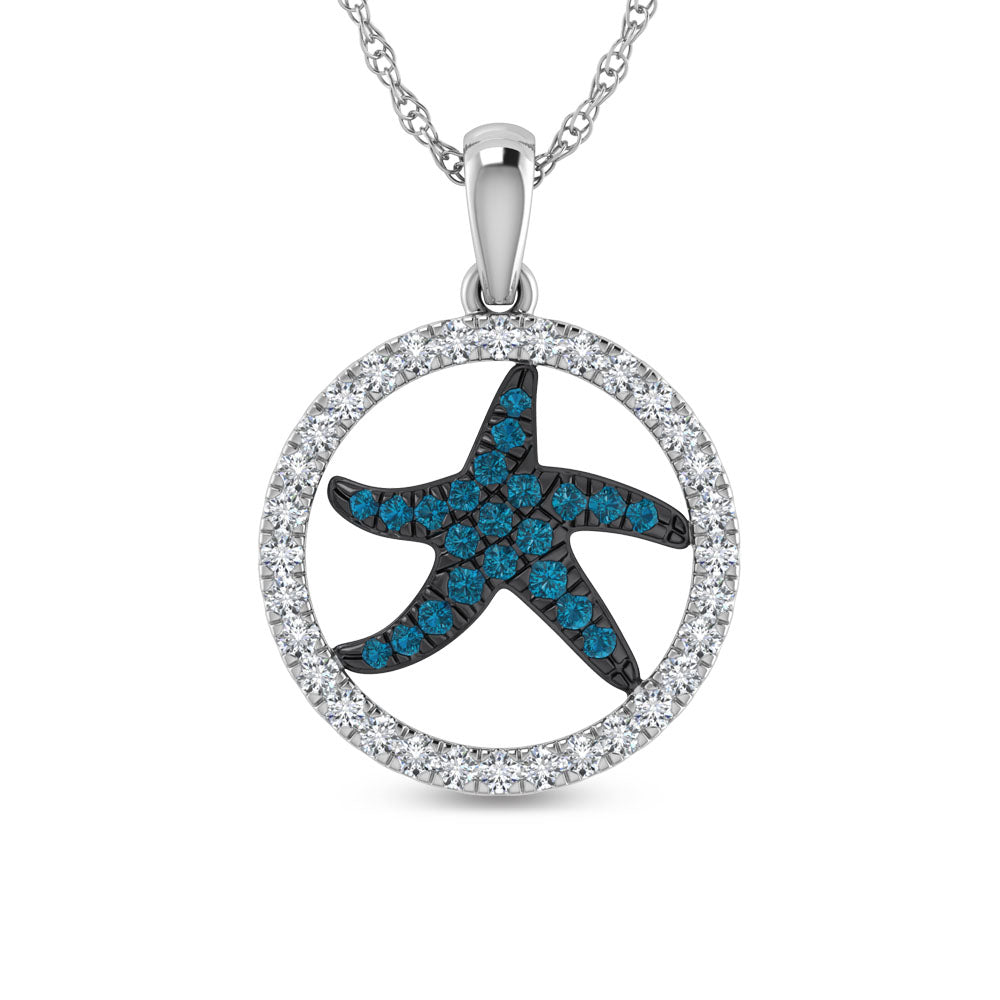 14K White Gold Diamond 1/2 Ct.Tw. And Blue Sapphire Starfish Pendant