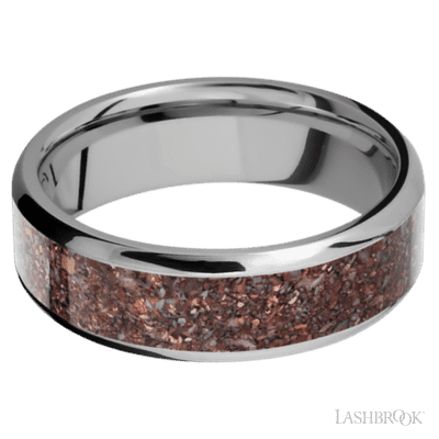 7 mm wide/Beveled/Titanium band with one 5 mm Centered inlay of Dinosaur Bone Mixed.