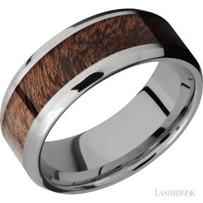 8 mm wide/Beveled/Titanium band with one 5 mm Centered inlay of Sapele.