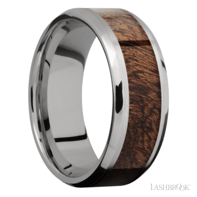 8 mm wide/Beveled/Titanium band with one 5 mm Centered inlay of Sapele.