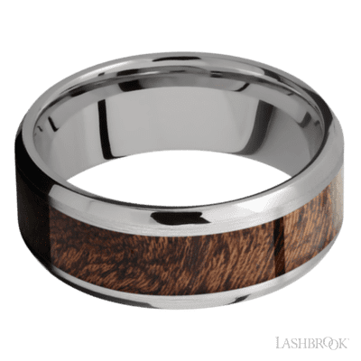 8 mm wide/Beveled/Titanium band with one 5 mm Centered inlay of Sapele.