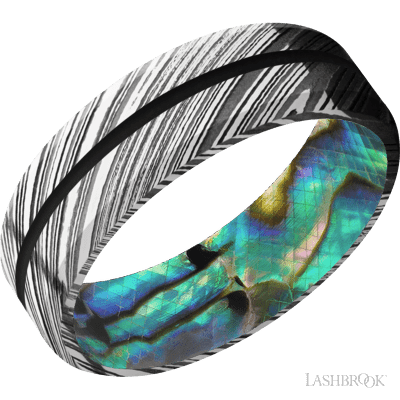 7 mm wide/Beveled/Woodgrain band with one 1 mm Centered inlay of Black also featuring a Abalone sleeve.