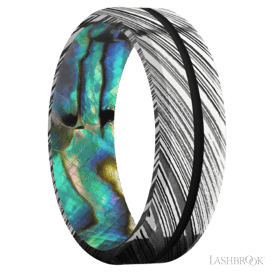 7 mm wide/Beveled/Woodgrain band with one 1 mm Centered inlay of Black also featuring a Abalone sleeve.
