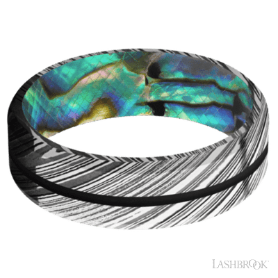 7 mm wide/Beveled/Woodgrain band with one 1 mm Centered inlay of Black also featuring a Abalone sleeve.