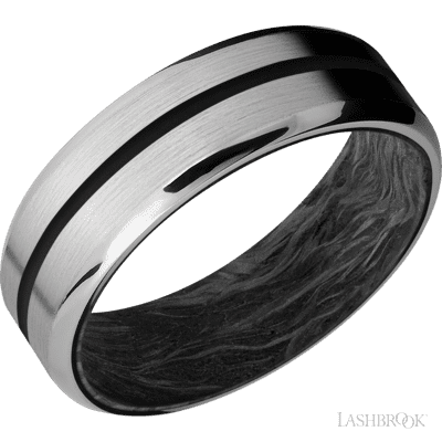 7 mm wide/Beveled/Titanium band with one 1 mm Centered inlay of Black also featuring a Forged Carbon Fiber sleeve.