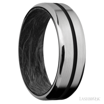 7 mm wide/Beveled/Titanium band with one 1 mm Centered inlay of Black also featuring a Forged Carbon Fiber sleeve.
