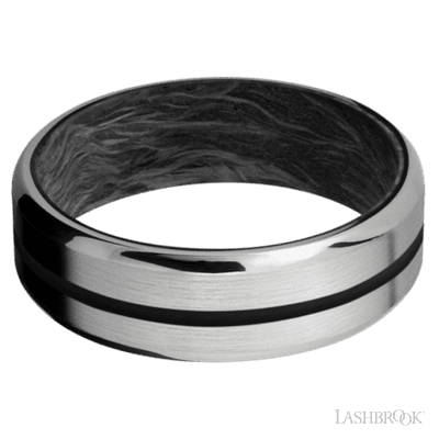 7 mm wide/Beveled/Titanium band with one 1 mm Centered inlay of Black also featuring a Forged Carbon Fiber sleeve.