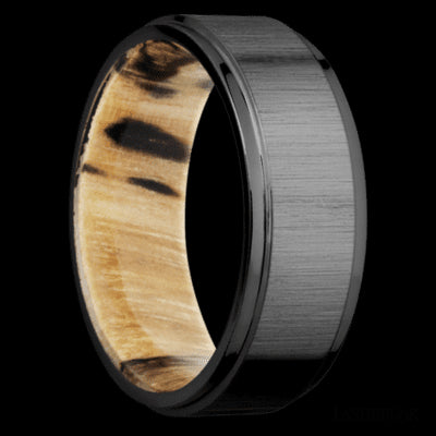 8 mm wide Flat Grooved Edges Zirconium band featuring a Spalted Tamarind sleeve.