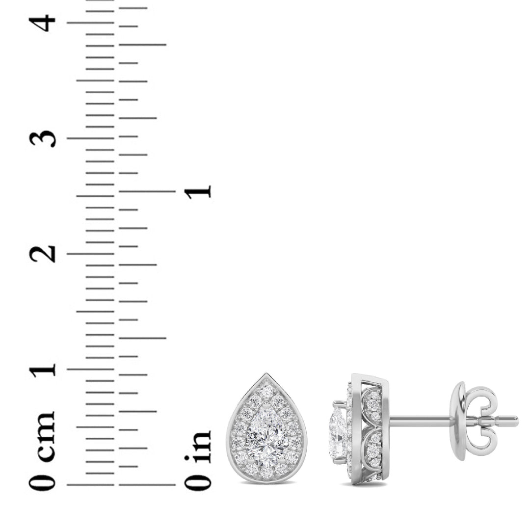 1CTW Pear Shaped Lab Grown Diamond (F/VVS) Halo Stud Earrings in 14K Gold
