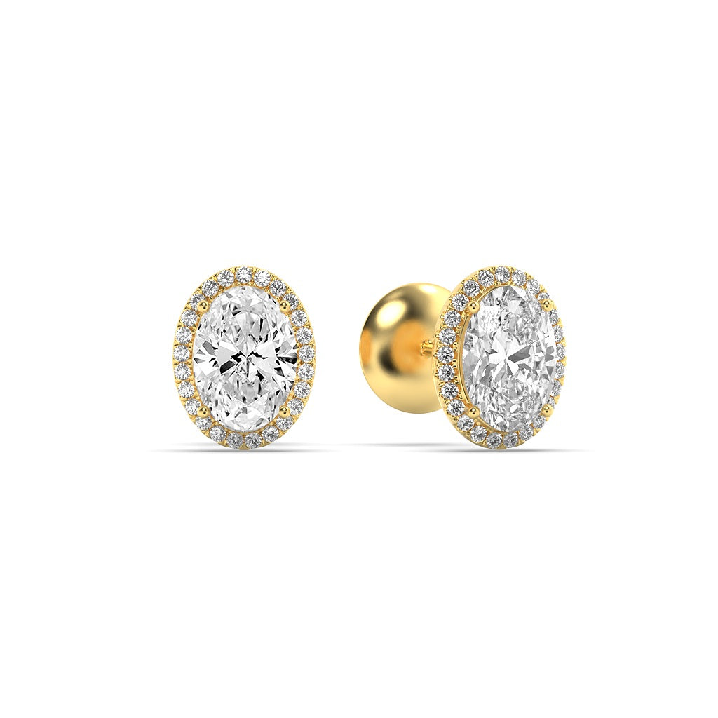 1CTW Oval Shaped Lab Grown Diamond (F/VS) Halo Stud Earrings in 14K Gold