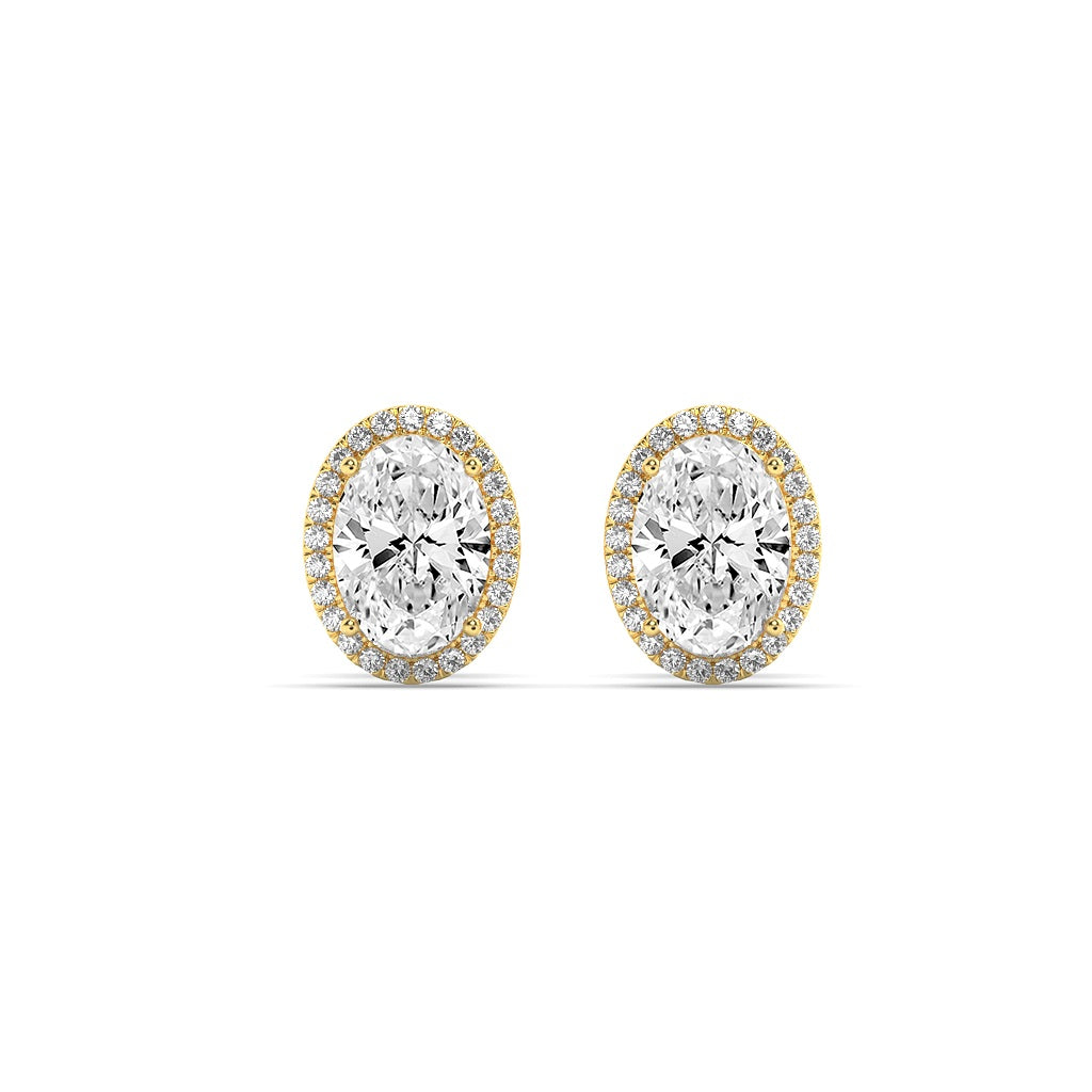 2CTW Oval Shaped Lab Grown Diamond (F/VS) Halo Stud Earrings in 14K Gold