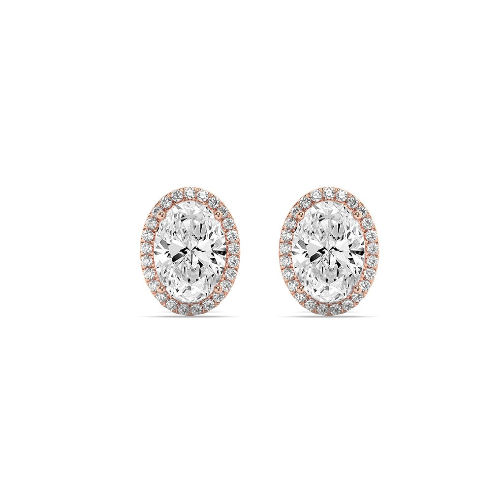 2CTW Oval Shaped Lab Grown Diamond (F/VS) Halo Stud Earrings in 14K Gold
