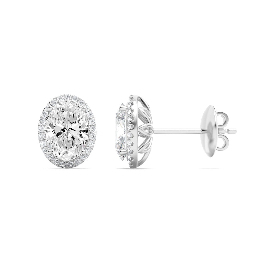 3Cttw Oval Shaped Lab Grown Diamond (G/VS) Halo Stud Earrings in 14K Gold
