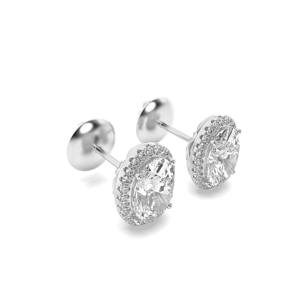 3Cttw Oval Shaped Lab Grown Diamond (G/VS) Halo Stud Earrings in 14K Gold