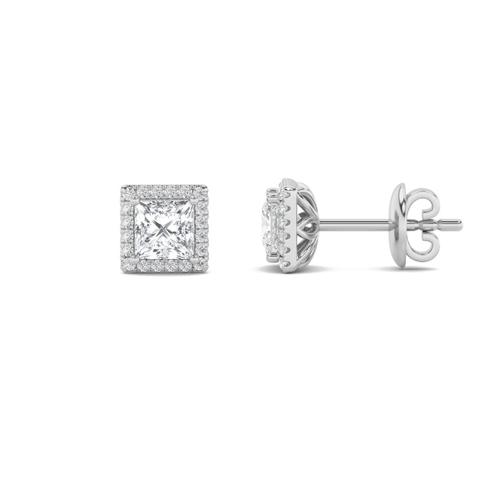 2CTW Princess Shaped Lab Grown Diamond (F/VS) Halo Stud Earrings in 14K Gold