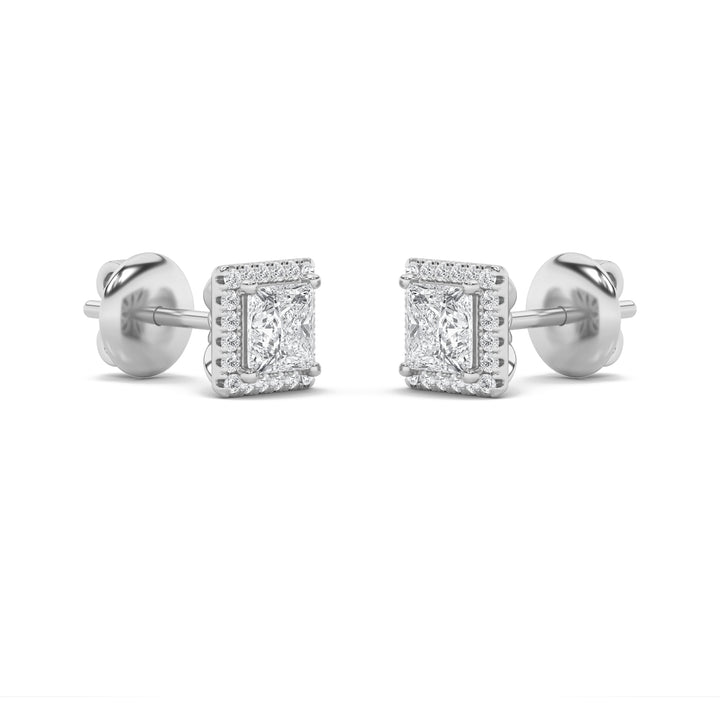 2CTW Princess Shaped Lab Grown Diamond (F/VS) Halo Stud Earrings in 14K Gold