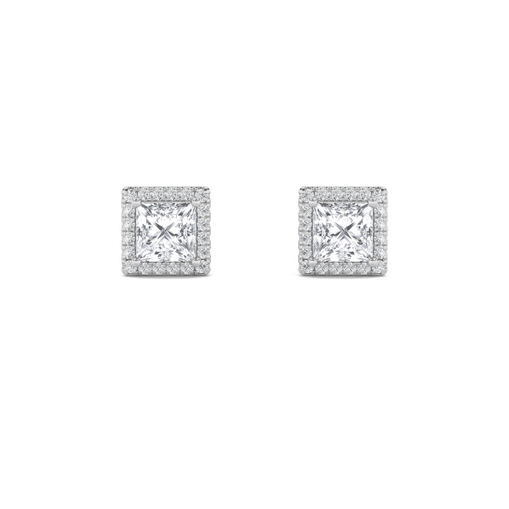 2CTW Princess Shaped Lab Grown Diamond (G/VS) Halo Stud Earrings in 14K Gold