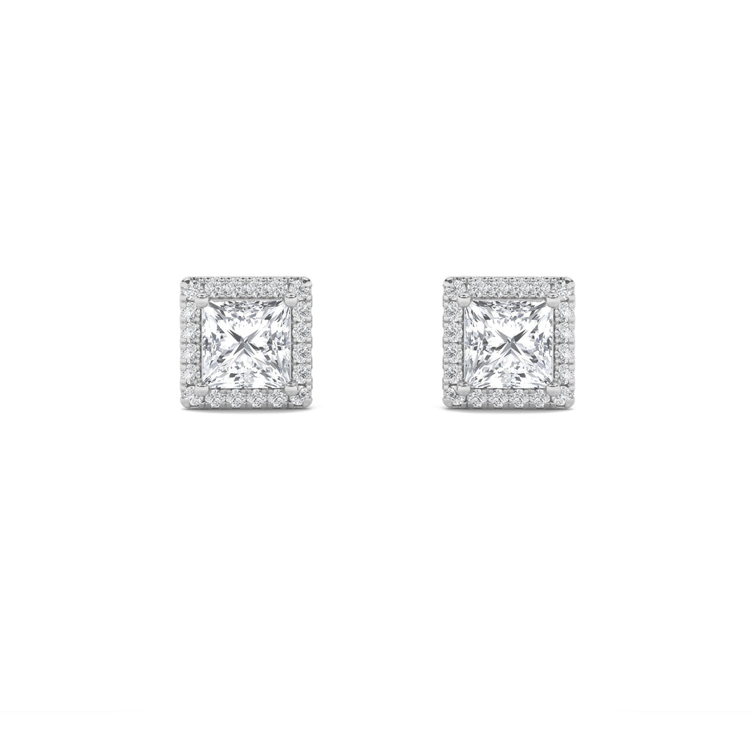 2CTW Princess Shaped Lab Grown Diamond (F/VVS) Halo Stud Earrings in 14K Gold