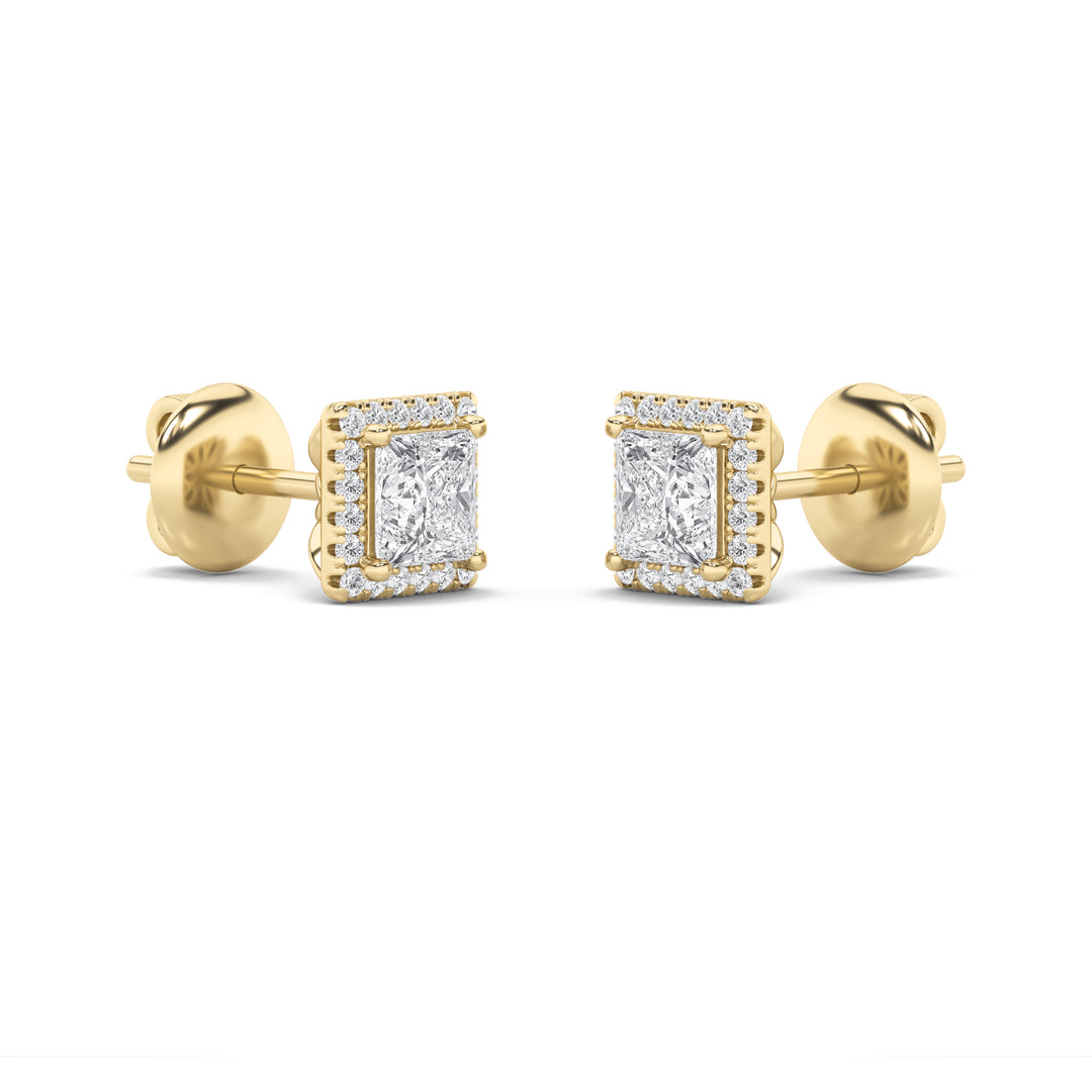 2CTW Princess Shaped Lab Grown Diamond (F/VS) Halo Stud Earrings in 14K Gold