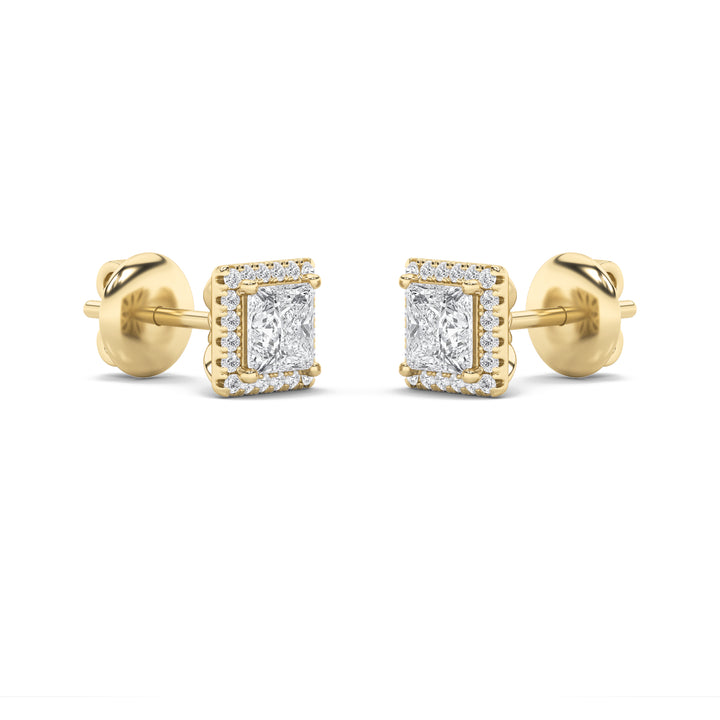 2CTW Princess Shaped Lab Grown Diamond (F/VS) Halo Stud Earrings in 14K Gold