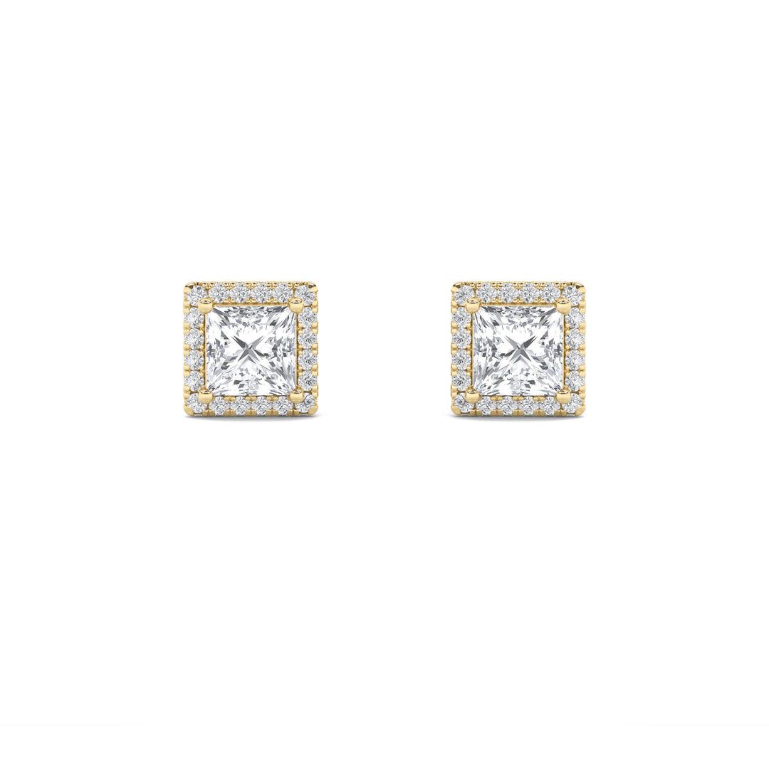 2CTW Princess Shaped Lab Grown Diamond (G/VS) Halo Stud Earrings in 14K Gold