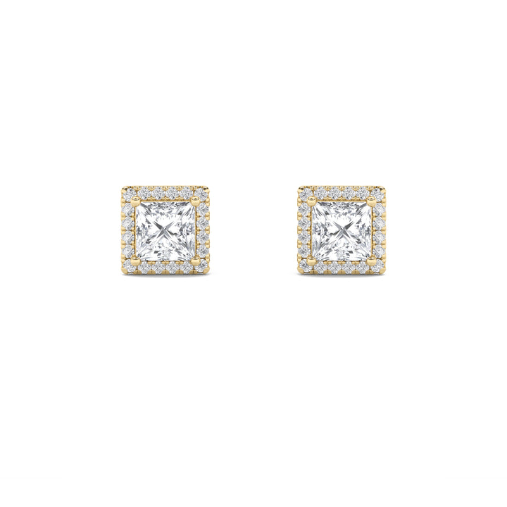 2CTW Princess Shaped Lab Grown Diamond (G/VS) Halo Stud Earrings in 14K Gold