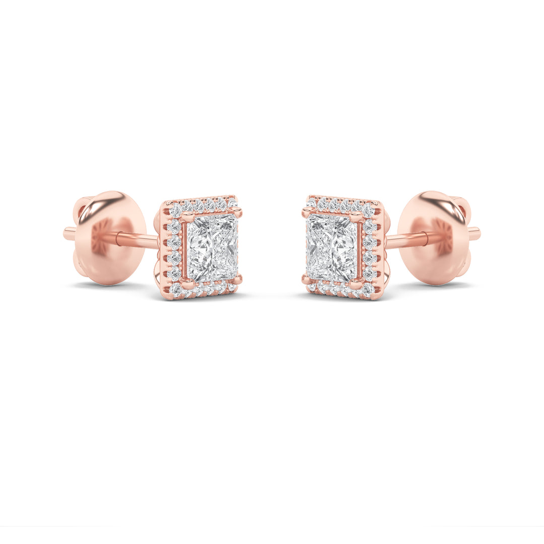 2CTW Princess Shaped Lab Grown Diamond (F/VS) Halo Stud Earrings in 14K Gold