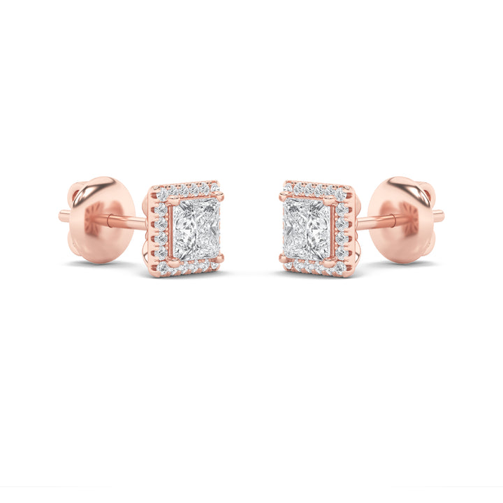 2CTW Princess Shaped Lab Grown Diamond (F/VS) Halo Stud Earrings in 14K Gold