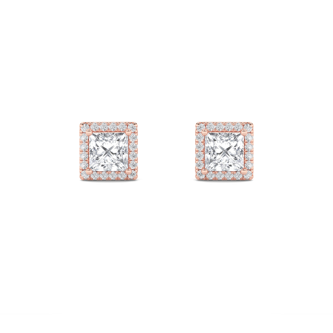 2CTW Princess Shaped Lab Grown Diamond (F/VS) Halo Stud Earrings in 14K Gold