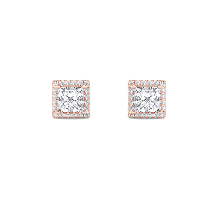2CTW Princess Shaped Lab Grown Diamond (F/VS) Halo Stud Earrings in 14K Gold
