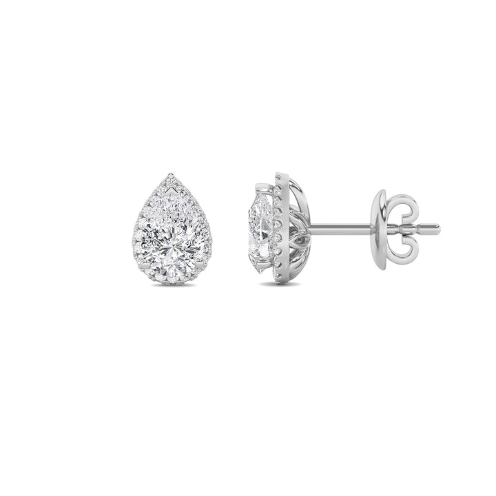 2CTW Pear Shaped Lab Grown Diamond (F/VS) Halo Stud Earrings in 14K Gold