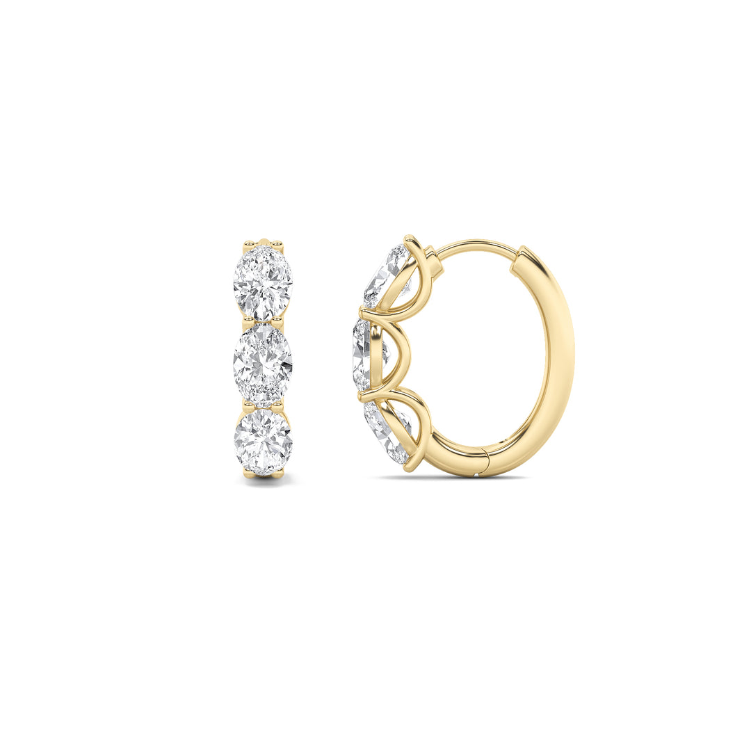 3Cttw Oval Shaped Lab Grown Diamond (G/VS) Three Stone Huggie Earrings in 14K Gold