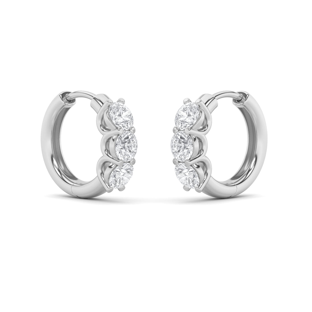 2Cttw Round Shaped Lab Grown Diamond (F/VS) ThreeStone Huggie Earrings in 14K Gold