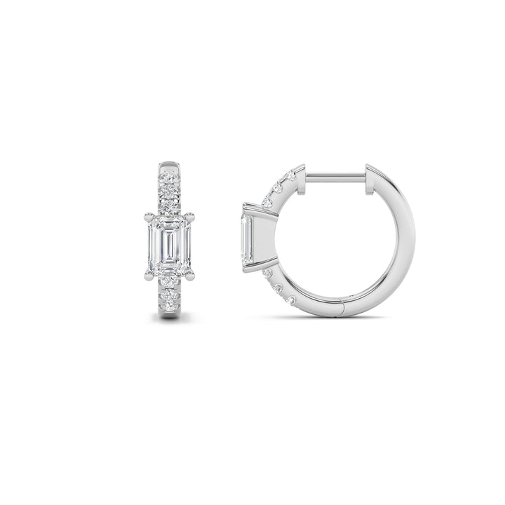 1.5CTW Emerald Shaped Lab Grown Diamond (F/VS) Solitare Accent Huggie Earrings in 14K Gold