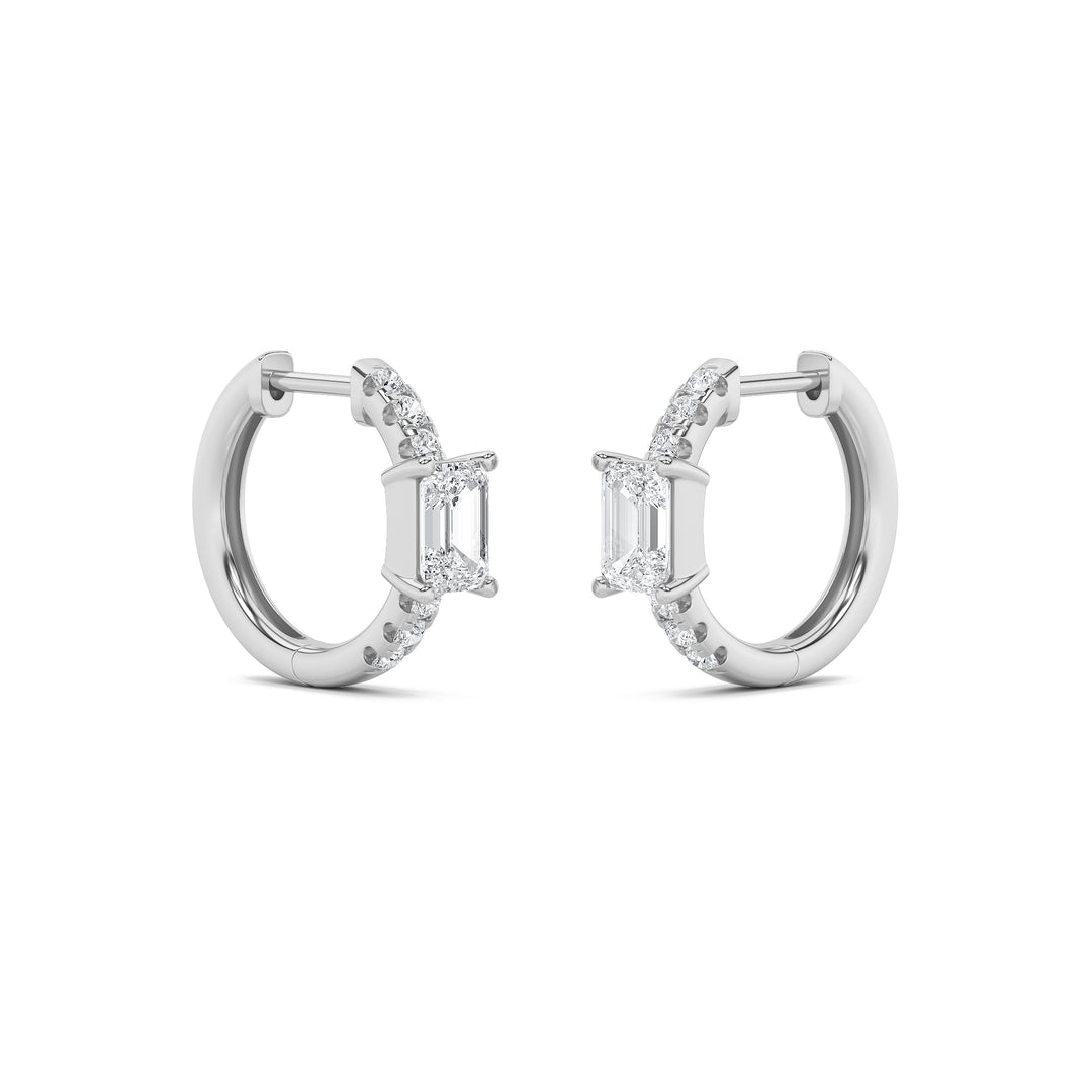 1.5CTW Emerald Shaped Lab Grown Diamond (F/VS) Solitare Accent Huggie Earrings in 14K Gold