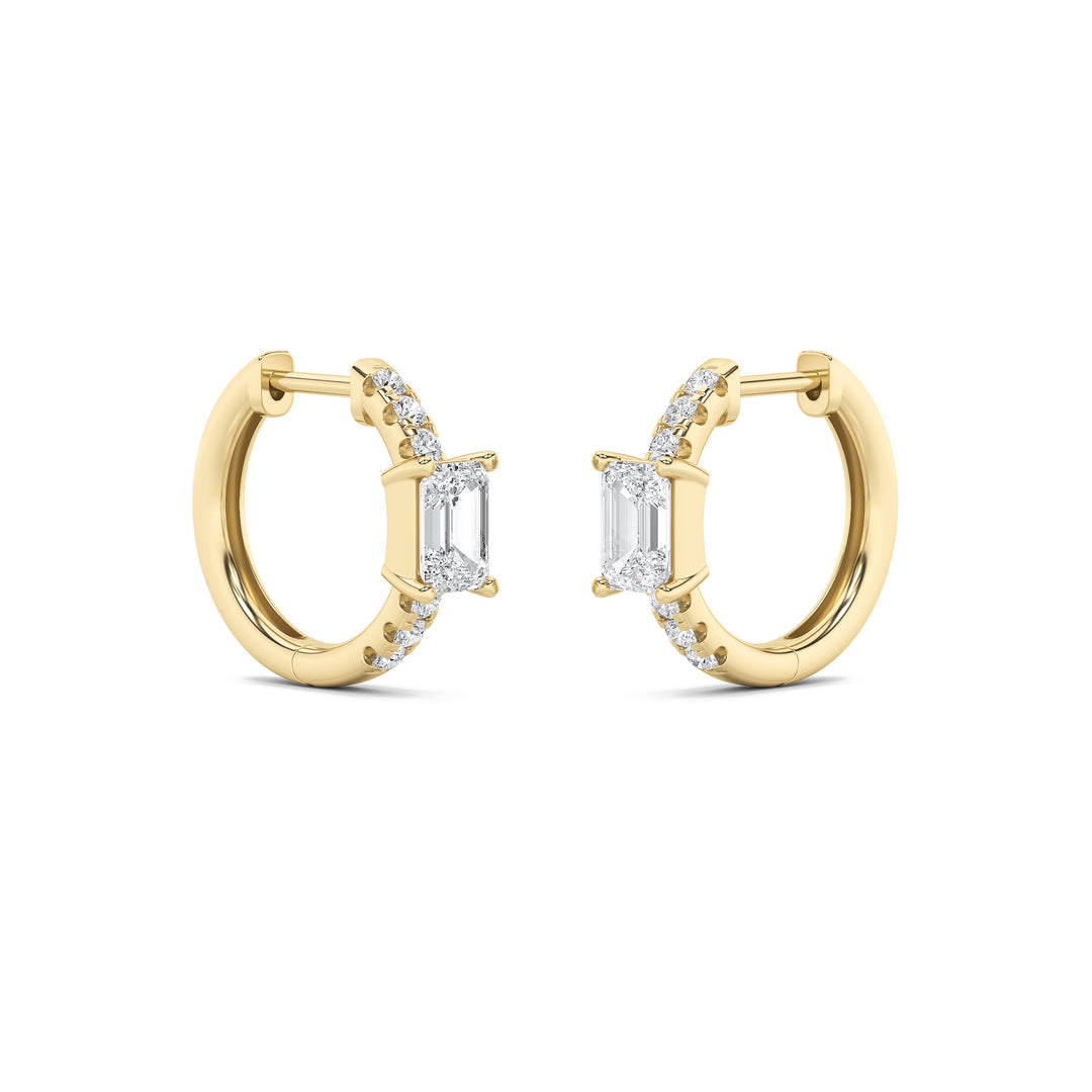 1.5CTW Emerald Shaped Lab Grown Diamond (F/VS) Accented Huggie Earrings in 14K Yellow Gold